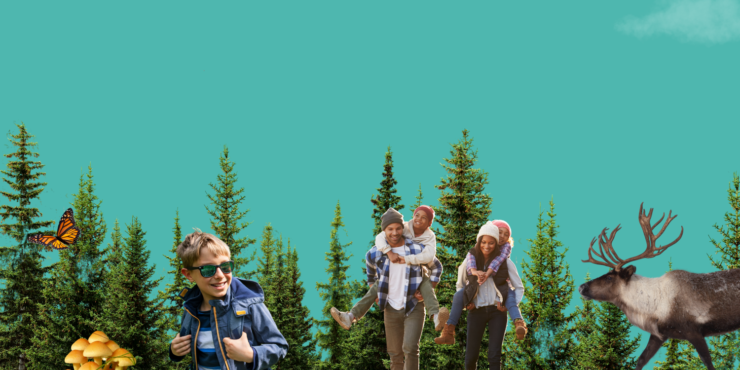 Graphic collage with children, a family and caribou with trees in background