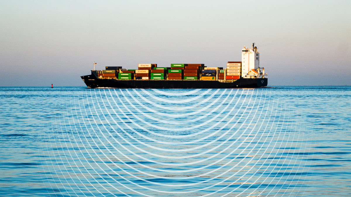 A shipping vessel in the water with sound waves illustrated on the water surface